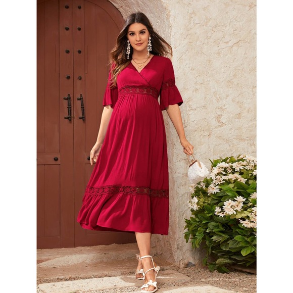 Maternity Lace Insert Ruffle Hem Dress - Picture 10 of 11